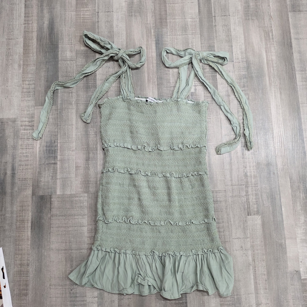 0Olivaceous Sage Textured Top Dress Ruffle Boho Cottagecore Bows